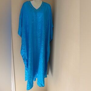 Sante Kaftan Muu Muu Maxi / Cover Up Blue satin Jacquard Beaded Dress One Size